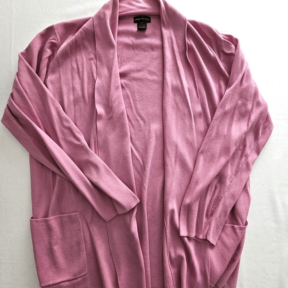 Grace Dane Lewis Woman Pink Open Front Cardigan Sweater 2X Rayon Blend Pockets
